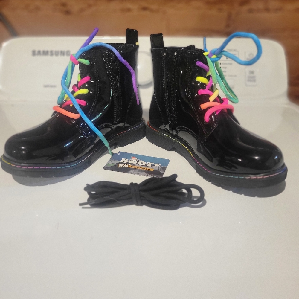 Girls Glossy Black Boots with Multicolor Laces